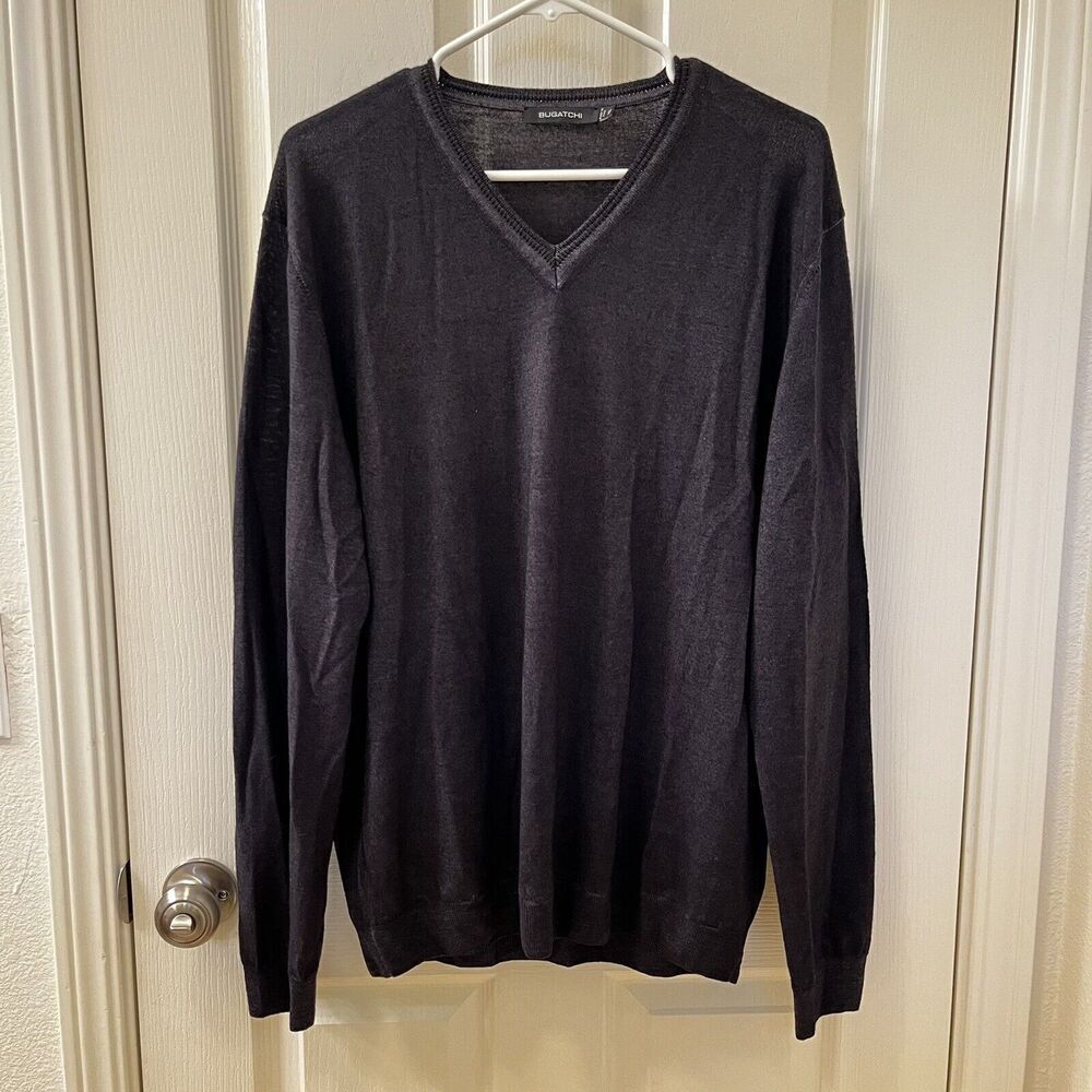 Bugatchi Merino Wool Pullover V-Neck Sweater Italy Charcoal Gray Men's Size XL